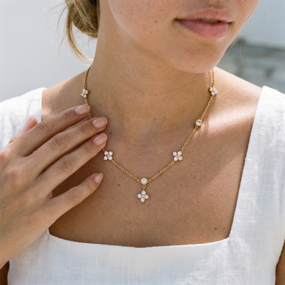 Mistral Clover Charm Necklace close-up on the neckline